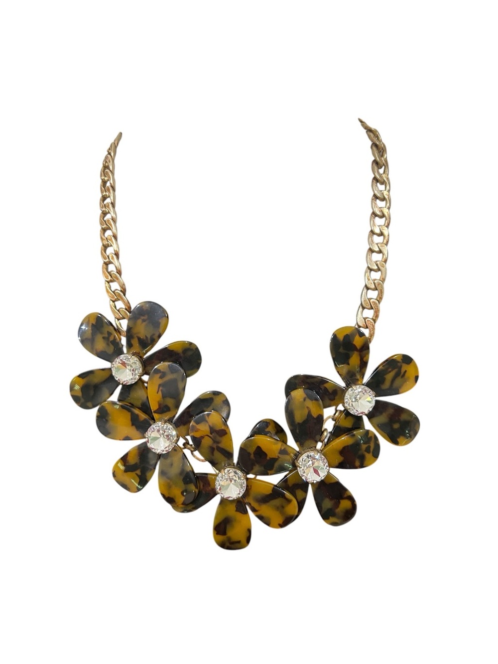 J crew Tortoiseshell Floral Statement Necklace goldtone chain
